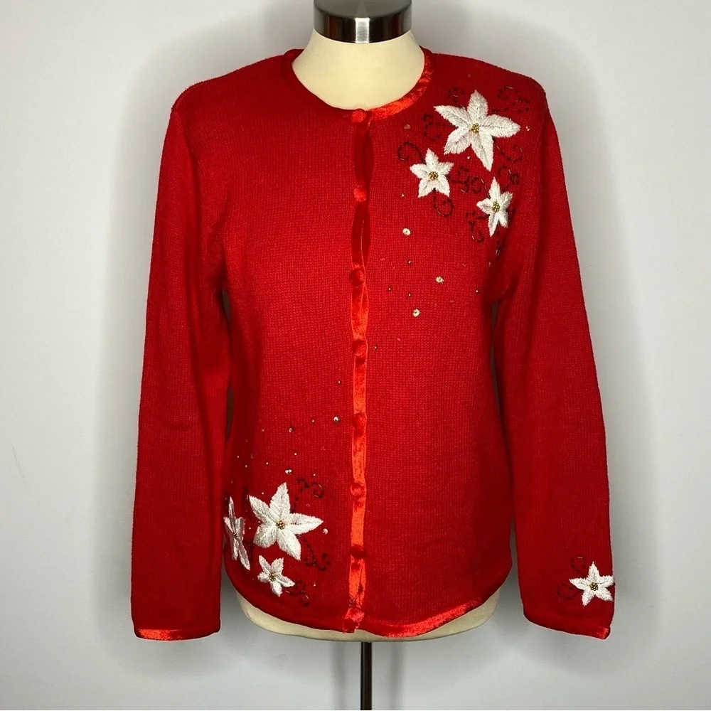 Mercer Street Studio Red Poinsettias Cardigan Sweater